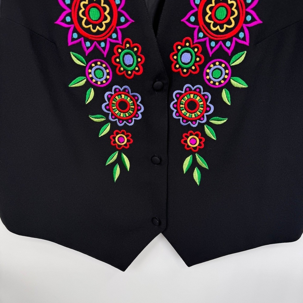 Bob Mackie Wearable Art Artsy Boho Vest Black Floral Embroidered Womens Medium - Picture 4 of 7